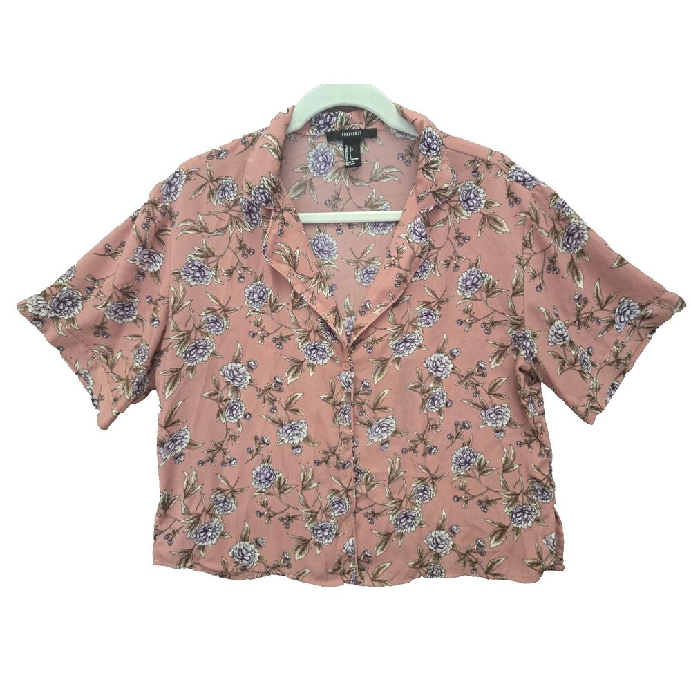 Forever 21 Floral Cropped Button Up Shirt Women Size Large L Short Sleeve Blouse
